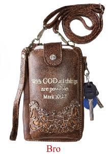 "With God All Things Are Possible" Rhinestone Cross Phone Wallet - Brown