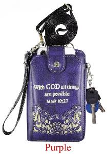 "With God All Things Are Possible" Rhinestone Cross Phone Wallet - Purple