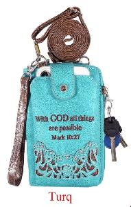 "With God All Things Are Possible" Rhinestone Cross Phone Wallet - Turquoise