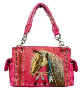 Western Horse Embroidery Concealed Carry Purse - Hot Pink