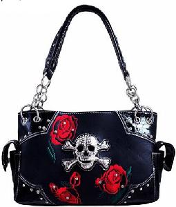 Rhinestone Metal Skull & Roses Purse - Black