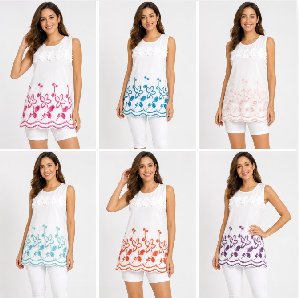 Satin Victorian Embroidery Sleeveless Shirts - Assorted