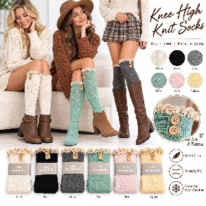 Long Over-The-Knee Stockings With Lace Trim & Buttons - Assorted