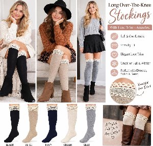 Long Over-The-Knee Stockings With Lace Trim - Assorted