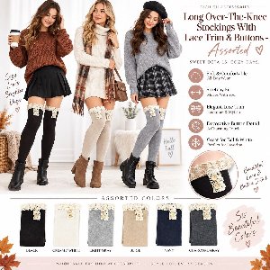 Long Over-The-Knee Stockings With Lace Trim & Buttons - Assorted