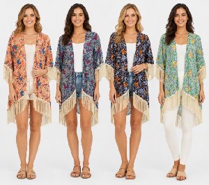 Multicolor Flower Print Chiffon Coverups With Fringes - Assorted