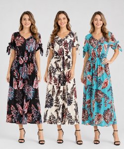 Long Summer Dresses With Tropical Leaf Print - Assorted