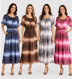 Medium Sleeve Long Tie-Dye Sundresses - Assorted